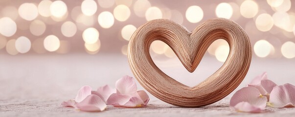 Wall Mural - A wooden heart shape surrounded by delicate rose petals, set against a soft, blurred background of glowing lights, evoking feelings of love and romance.