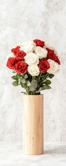 Wall Mural - A vibrant bouquet of red and white roses in a minimalist wooden vase, set against a soft, neutral background, perfect for home decor or gifting.