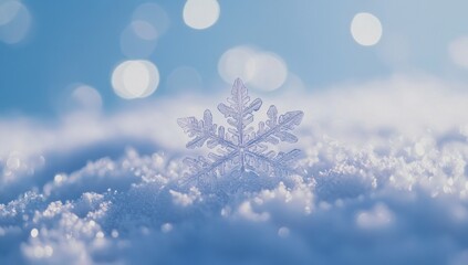 Aufkleber - Close-up of a snowflake on fresh white snow, blue background with bokeh lights, winter wonderland, cool color palette