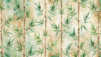 Wall Mural - Elegant Watercolor Bamboo Pattern Serene Green Leaves and Brown Stalks on Textured Background