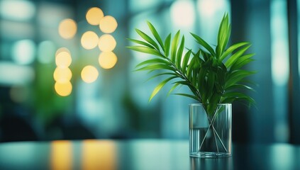 Aufkleber - Plant in glass vase on table, blurred lights behind.