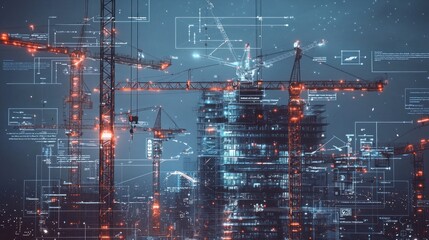 Poster - Multiple illuminated cranes construct a night cityscape with overlay graphics.