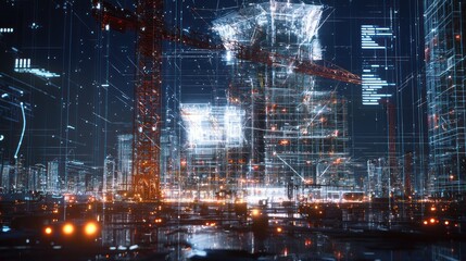 Poster - Digital city construction with data grids overlayed.