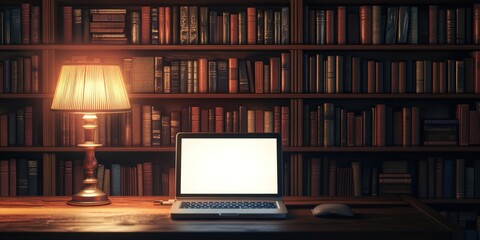 Poster - Desk with laptop, lamp, bookcase.