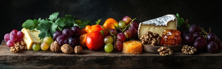 Sticker - Cheese, grapes, pepper, walnuts, and honey on wood.