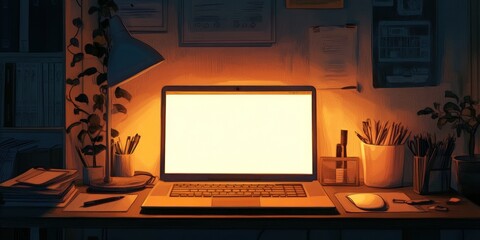 Poster - Laptop glowing on desk at night.