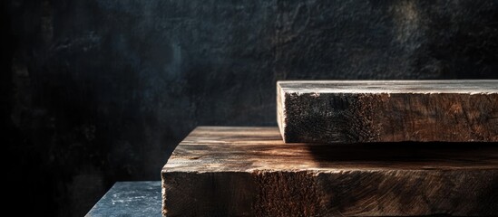 Aufkleber - Stacked wooden planks with dark stone background.