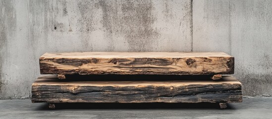 Aufkleber - Two weathered wood slabs stacked, on concrete backdrop.