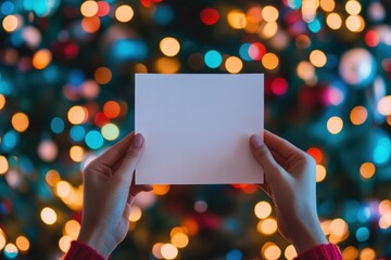 Fototapete - Hands hold blank card, blurry Christmas lights background.