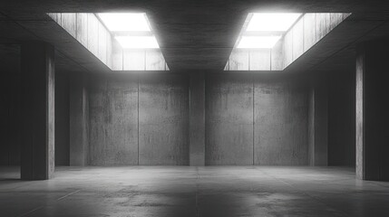 Poster - Dark concrete room with skylights.