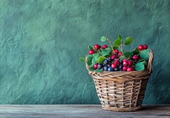 Sticker - Wicker basket filled with fresh huckleberries and serviceberries on a wooden surface.