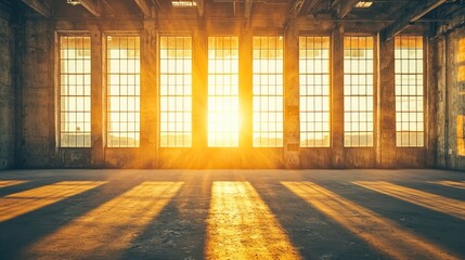 Aufkleber - Sun streams through warehouse windows creating warm light and shadows.