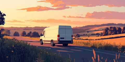 Aufkleber - White van drives on road at sunset with fields.