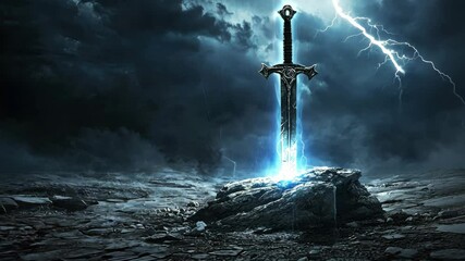 Wall Mural - a broken sword embedded in a stone with glowing light: a digital