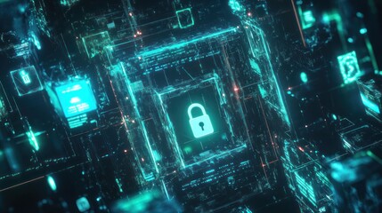Aufkleber - Abstract digital circuit board with a central lock icon.