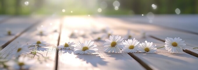 Poster - Daisies lay on wood, soft light, blurry background.