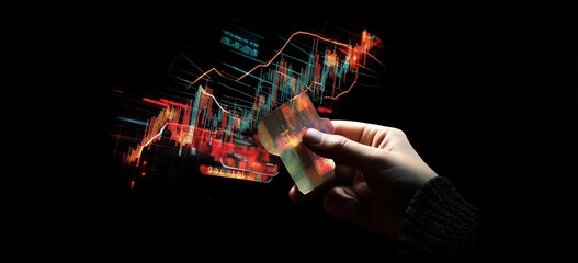 Fototapete - Hand holding card with glowing graphs, dark background.