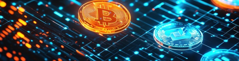 Poster - Golden and blue crypto coins on circuit.
