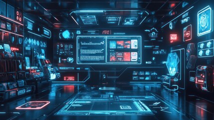 Fototapete - Neon lit futuristic control room with many panels.