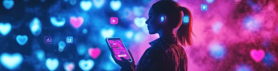 Aufkleber - Girl uses a tablet with social media icons and glowing hearts in the background.