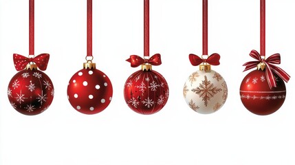 Wall Mural - Five festive Christmas ornaments hang gracefully, showcasing red and white designs with bows and intricate patterns.