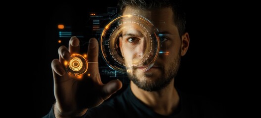 Fototapete - Man interacts with futuristic interface using hand on dark background.