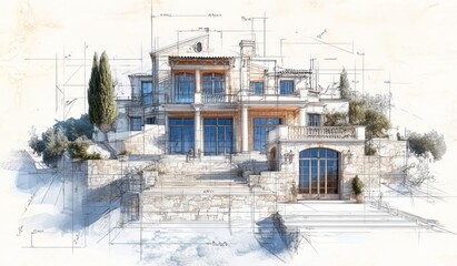 Poster - Drawing of large two story villa with stone exterior and blue windows.