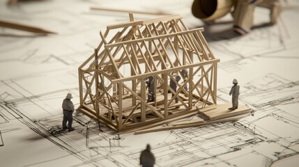 Poster - Miniature house frame being built on architectural drawings.