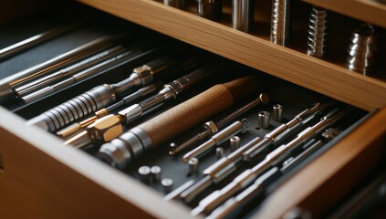 Aufkleber - Drawer full of organized metallic screwdrivers and tool parts.