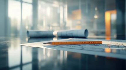 Aufkleber - Blueprints, pencil, rolls on a desk in an office.