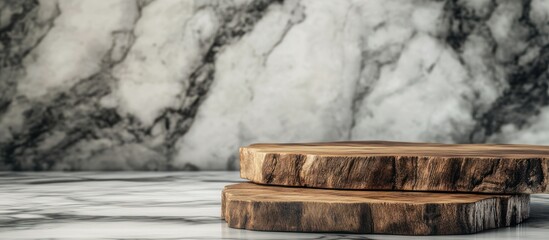 Poster - Wooden platforms on marble surface, product display.
