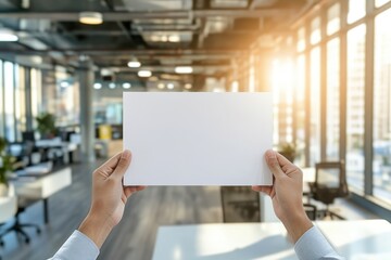 Poster - Person holds blank paper in office with sunlit window view.