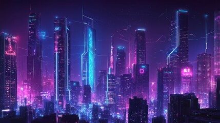 Poster - Futuristic cityscape at night with glowing neon skyscrapers.