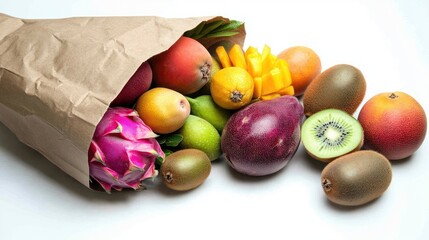 Sticker - Variety of fruits spilling from paper bag.