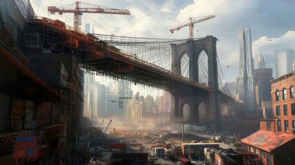 Aufkleber - Bridge under construction with city buildings.