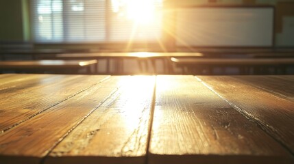 Poster - Classroom with wood desks, sunlit window.