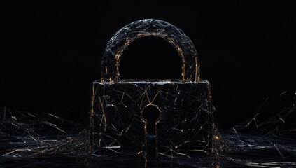 Poster - Dark broken glass padlock, keyhole, security concept.