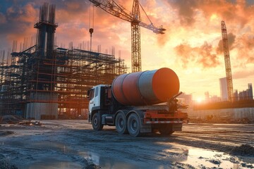Aufkleber - Construction site at sunset with cement truck.