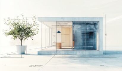 Poster - House blueprint with tree and furniture.