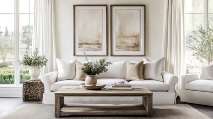 Poster - Elegant living room, sofa, art, natural light.