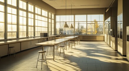 Leinwandbilder - Bright, sunlit interior with long table, stools, large windows.