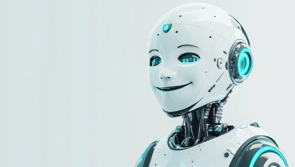 Poster - White robot with blue eyes and glowing parts smiles against white.