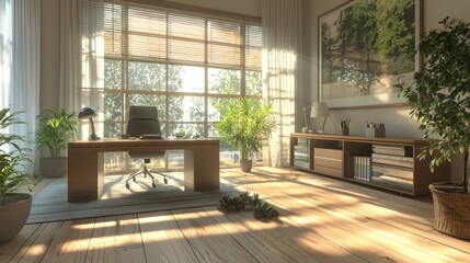 Aufkleber - Bright office interior with wooden floor, desk and plants.