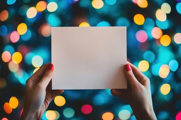 Fototapete - Hands hold blank card against bokeh lights.