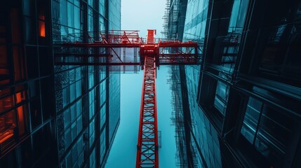 Poster - Low angle view of a red construction crane between buildings.
