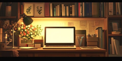 Poster - Cozy study, blank laptop, desk lamp, books, and flowers.