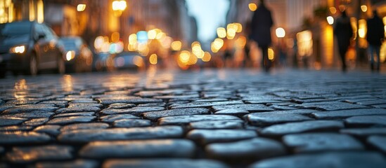 Poster - Cobblestone road at dusk with blurred cars and people.