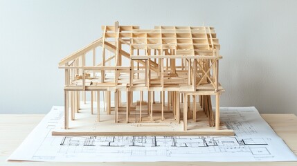 Leinwandbilder - Wooden architectural model with blueprint on a wooden table.