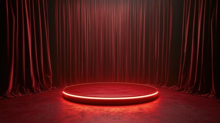 Aufkleber - Red platform with glowing edge, red curtains backdrop.