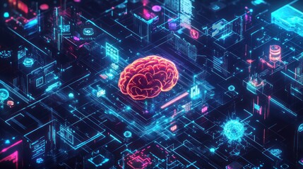 Aufkleber - Glowing brain graphic on digital circuit board.